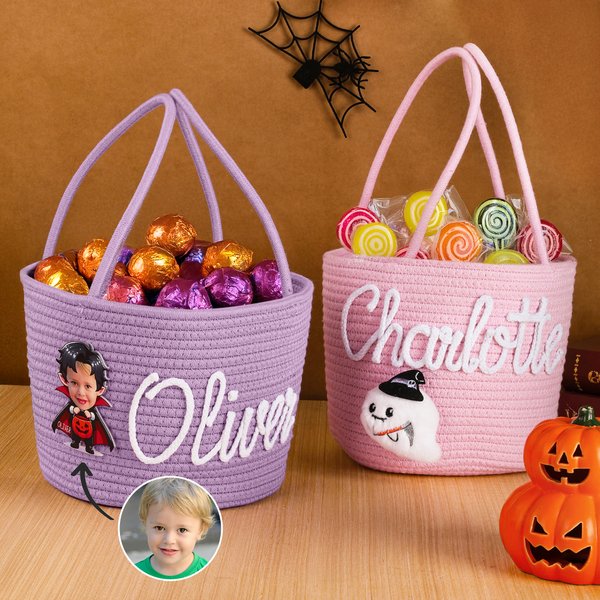 Personalized Pumpkin Ghost Face Photo Halloween Theme Cotton Rope Basket with Name Trick or Treat Halloween Gift for Girl Boy Children