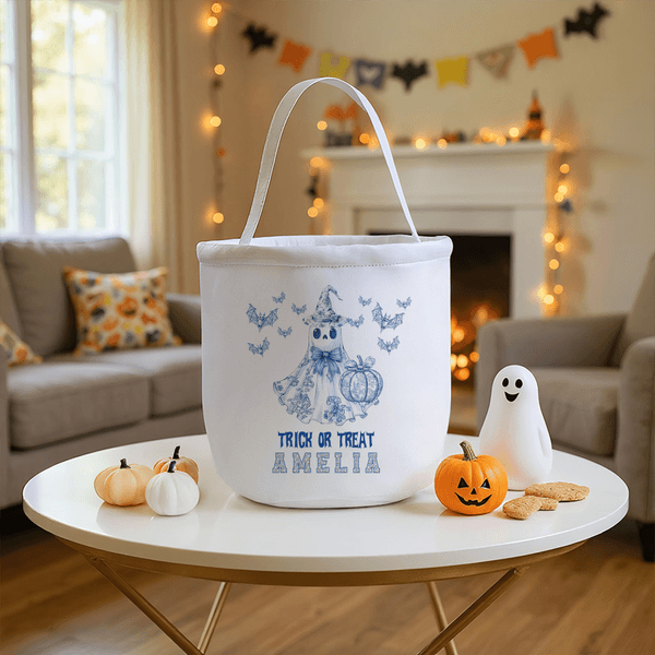Personalised Spooky Ghost Pumpkin Toile De Jouy Canvas Halloween Basket with Name Halloween Party Gift for Kids Family