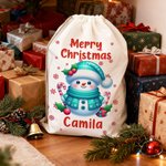Personalised Merry Christmas Cute Snowman Drawstring Canvas Gift Bag with Name Christmas Party Gift for Kids Family
