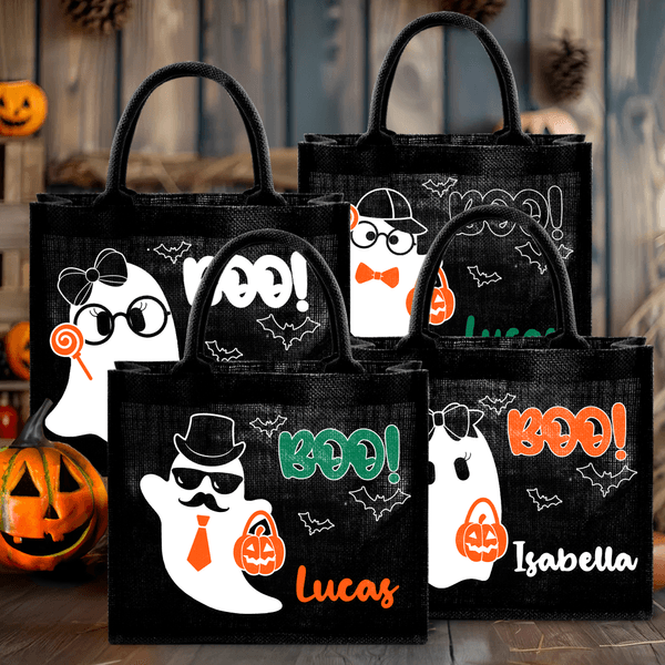 Personalized Cute Boo Cartoon Boy Girl Ghost Large Portable Black Tote Bag with Name Halloween Party Gift for Kids