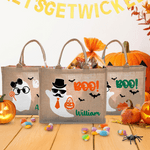 Personalized Boo Cartoon Boy Girl Ghost Large Portable Jute Tote Bag with Name Halloween Festival Gift for Kids