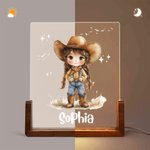 Personalized Cartoon Cowgirl Acrylic LED Night Light with Wooden Base and Name Room Decor Birthday Christmas Gift for Kids Cowgirl Lovers