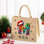 Personalized Christmas Lights Santa Hat Large Capacity Jute Tote Bag with Initial and Name Christmas Party Gift for Kids Adults