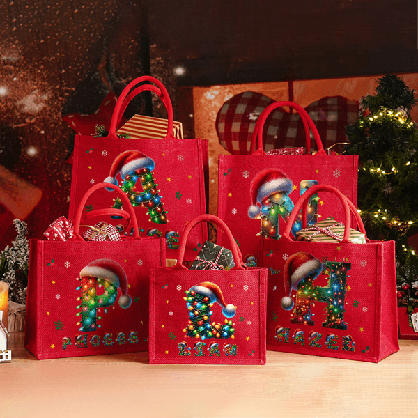 Cappello di Babbo Natale personalizzato con luci colorate Borsa regalo riutilizzabile in iuta rossa con iniziali e nome Regalo di Natale per la famiglia e i bambini