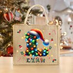 Personalized Christmas Lights Santa Hat Large Capacity Jute Tote Bag with Initial and Name Christmas Party Gift for Kids Adults