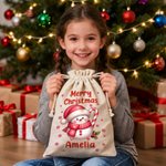 Personalised Merry Christmas Cute Snowman Drawstring Canvas Gift Bag with Name Christmas Party Gift for Kids Family