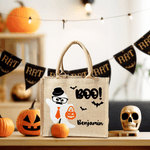 Personalized Boo Cartoon Boy Girl Ghost Large Portable Jute Tote Bag with Name Halloween Festival Gift for Kids