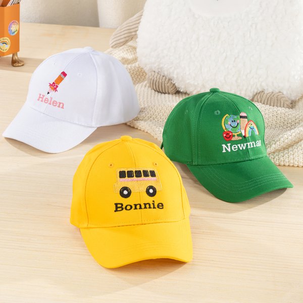 Personalised Multicolor Book Pencil Apple Lorryer Hat Baseball Cap with Embroidered Name Back to School Birthday Gift for Kids Toddlers