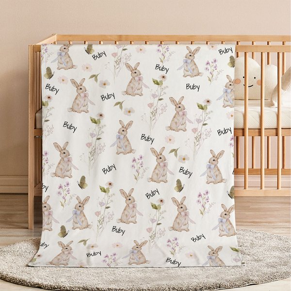 Personlig Wildflower Rabbit Soft Throw Blanket med navn Hjemmedekorasjon Jubileum Bursdagsgave til familie Baby