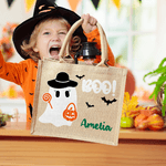 Personalized Boo Cartoon Boy Girl Ghost Large Portable Jute Tote Bag with Name Halloween Festival Gift for Kids