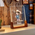 Personalized Cartoon Cowgirl Acrylic LED Night Light with Wooden Base and Name Room Decor Birthday Christmas Gift for Kids Cowgirl Lovers