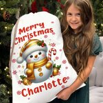 Personalised Merry Christmas Cute Snowman Drawstring Canvas Gift Bag with Name Christmas Party Gift for Kids Family