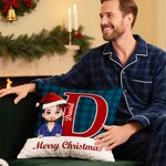 Personalizzato Merry Christmas Cute Cartoon Character Plaid Throw Pillow Cover con nome Home Decor Regalo di Natale per gli amici di famiglia