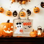 Personalized Boo Cartoon Boy Girl Ghost Large Portable Jute Tote Bag with Name Halloween Festival Gift for Kids
