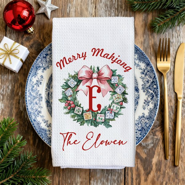 Serviette gaufrée Mahjong personnalisée avec texte Cadeau de Noël pour la famille et les amis