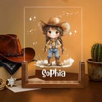Personalized Cartoon Cowgirl Acrylic LED Night Light with Wooden Base and Name Room Decor Birthday Christmas Gift for Kids Cowgirl Lovers