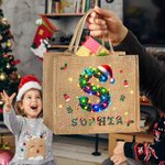 Personalized Christmas Lights Santa Hat Large Capacity Jute Tote Bag with Initial and Name Christmas Party Gift for Kids Adults
