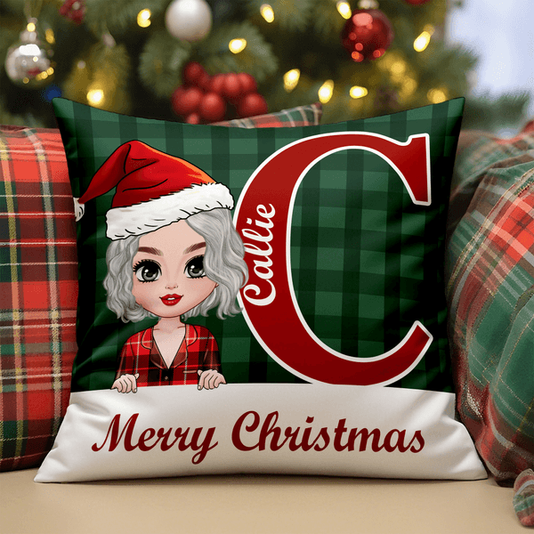 Personalizzato Merry Christmas Cute Cartoon Character Plaid Throw Pillow Cover con nome Home Decor Regalo di Natale per gli amici di famiglia