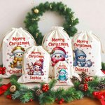 Personalised Merry Christmas Cute Snowman Drawstring Canvas Gift Bag with Name Christmas Party Gift for Kids Family