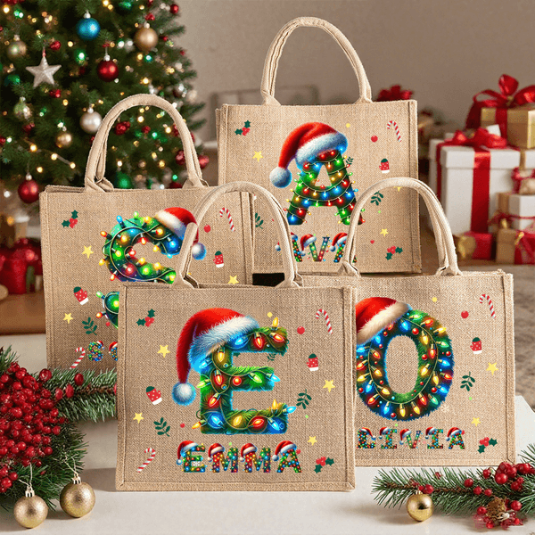 Personalized Christmas Lights Santa Hat Large Capacity Jute Tote Bag with Initial and Name Christmas Party Gift for Kids Adults
