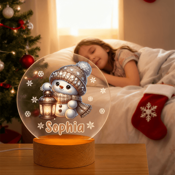 Personalised Snowflake Cute Snowman Christmas LED Night Light with Name and Wooden Base Christmas Gift for Kids