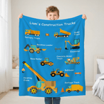 Personalized Cartoon Construction Trucks Soft Throw Blanket with Text Home Decor Birthday Gift for Boys Truck Lovers