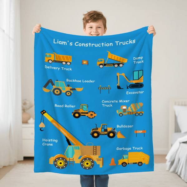 Personalised Cartoon Construction Lorrys Soft Throw Blanket with Text Home Decor Birthday Gift for Boys Lorry Lovers