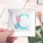 Personalized Cartoon Fantasy Mermaid Princess Initial Ceramic Trinket Jewelry Dish with Name Birthday Party Gift for Daughters Besties Girls