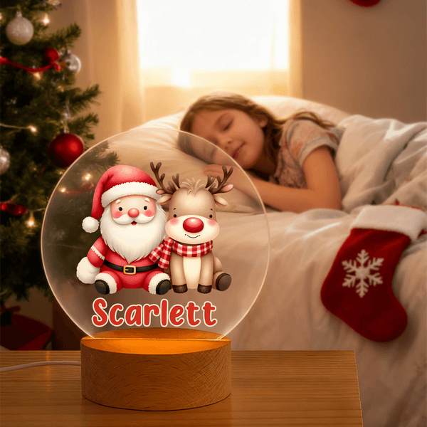Personalized Cartoon Santa Claus Acrylic LED Night Light with Name and Wooden Base Room Decor Christmas Gift for Kid Baby