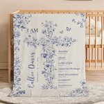 Spersonalizowany miękki koc do rzucania Toile De Jouy Cross Bible Verse z imieniem i datą Urodziny Chrzest Prezent dla dzieci Chrześcijanie