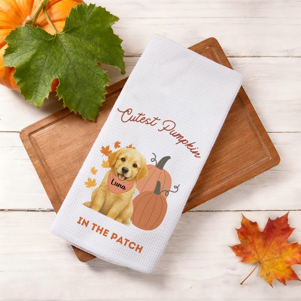 Personalized Pumpkin Pet Photo Absorbent Soft Waffle Tea Towel with 1-2 Names Fall Kitchen Decor Halloween Thanksgiving Gift for Pet Owners Lovers