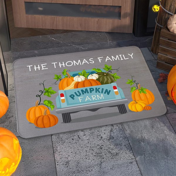 Personalized Pumpkin Farm Truck Non-Slip Doormat with Text Home Decor Halloween Autumn Gift for Family Friends