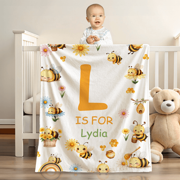 Personalised Cute Bee Flower Soft Throw Blanket with Name and Initial Nursery Decor Baby Shower Birthday Gift for Newborn Baby