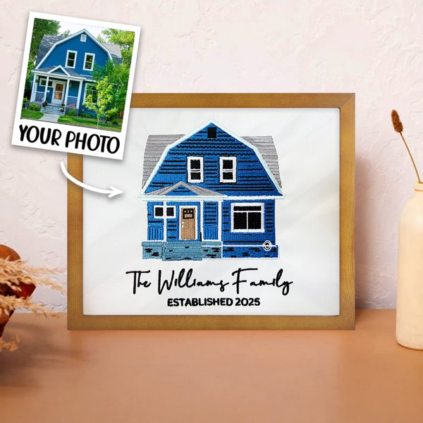 Personalized Embroidered House Photo Frame with Text Date Bedroom Decor Wedding Housewarming Christmas Gift for Family Friends