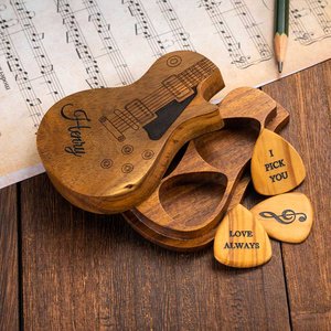 Púas de Guitarra de Madera Personalizadas con Estuche Grabado Caja Soporte para Juego de Púas Regalo para Guitarrista Músico Idea de Regalo de Cumpleaños