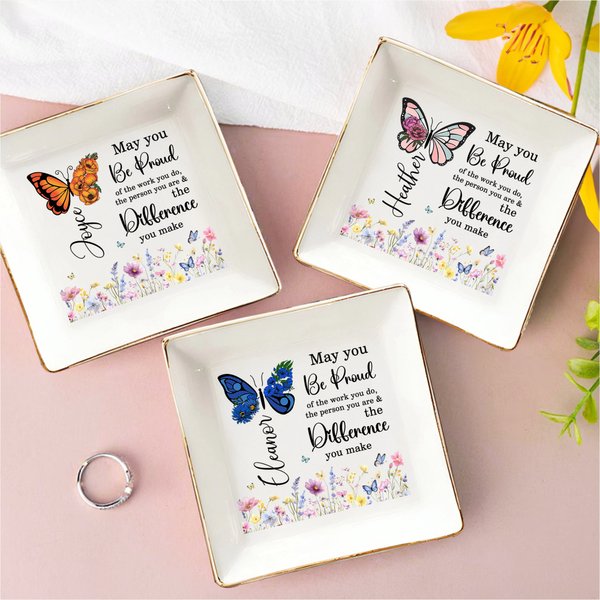 Personalized Butterfly Birth Flower Ceramic Ring Dish Jewellery Tray with Name Mothers' Day Birthday Gift for Women