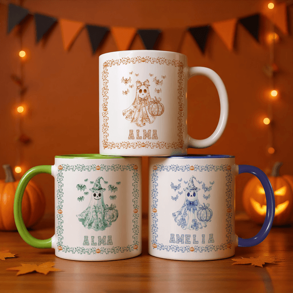 Personalized Toile De Jouy Ghost Pumpkin 11 oz Ceramic Mug with Name Trick or Treat Halloween Party Gift for Kids