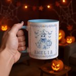 Spersonalizowany kubek ceramiczny Toile De Jouy Ghost Pumpkin 11 uncji z imieniem Cukierek albo psikus Prezent na Halloween dla dzieci