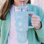 Personalised Multi-colour Butterfly Flower 40oz Tumbler with Name and Straw Mother’s Day Gift for Her