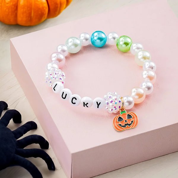 Personalised Cute Pumpkin Colourful Beaded Bracelet with Name Anniversary Helloween Gift for Girl Woman