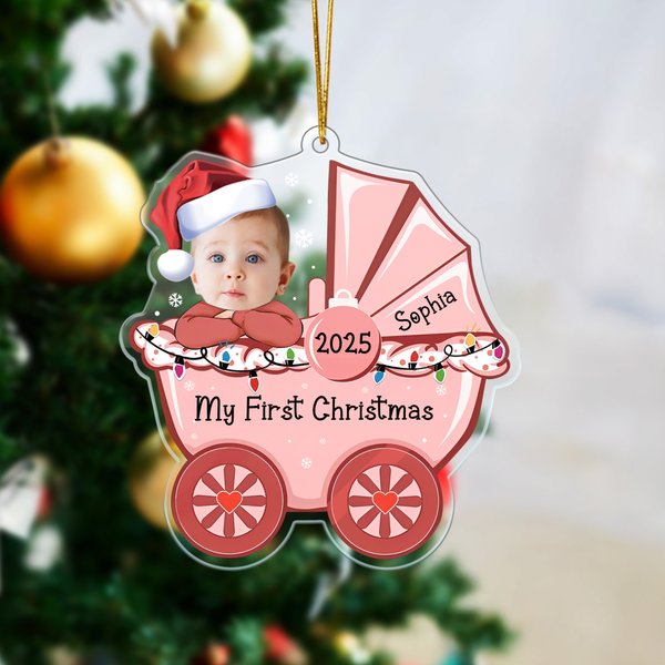 Adorno acrílico personalizado con el nombre y el año de la primera carita de Navidad del bebé en el cochecito Regalo de Navidad para bebés