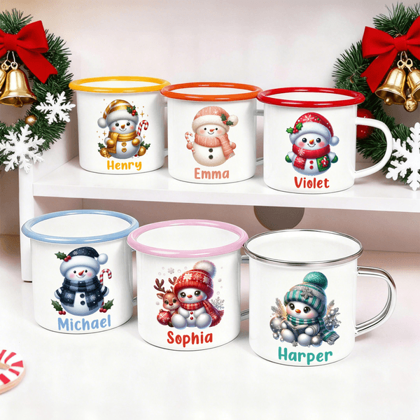 Personalised Cartoon Santa Hat Snowman 12 oz Multicolour Enamel Mug with Name Christmas Gift for Kids