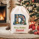 Sac Cadeau en Toile à Cordon Personnalisé avec Sapin de Noël Bonhomme de Neige Initiale et Nom Cadeau Fête de Noël pour Enfants et Famille