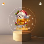 Copo de Nieve Personalizado Lindo Muñeco de Nieve Navidad Luz de Noche LED con Nombre y Base de Madera Regalo de Navidad para Niños