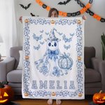 Personalized Toile De Jouy Ghost Pumpkin Soft Throw Blanket with Name Trick or Treat Halloween Party Gift for Kids