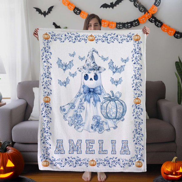 Personalized Toile De Jouy Ghost Pumpkin Soft Throw Blanket with Name Trick or Treat Halloween Party Gift for Kids