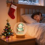 Copo de Nieve Personalizado Lindo Muñeco de Nieve Navidad Luz de Noche LED con Nombre y Base de Madera Regalo de Navidad para Niños