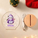 Copo de Nieve Personalizado Lindo Muñeco de Nieve Navidad Luz de Noche LED con Nombre y Base de Madera Regalo de Navidad para Niños