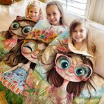 Personalized Cartoon Quirky Flower Girl Soft Throw Blanket with Name Home Decor Daily Use Birthday Gift for Girls