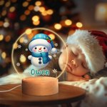 Copo de Nieve Personalizado Lindo Muñeco de Nieve Navidad Luz de Noche LED con Nombre y Base de Madera Regalo de Navidad para Niños
